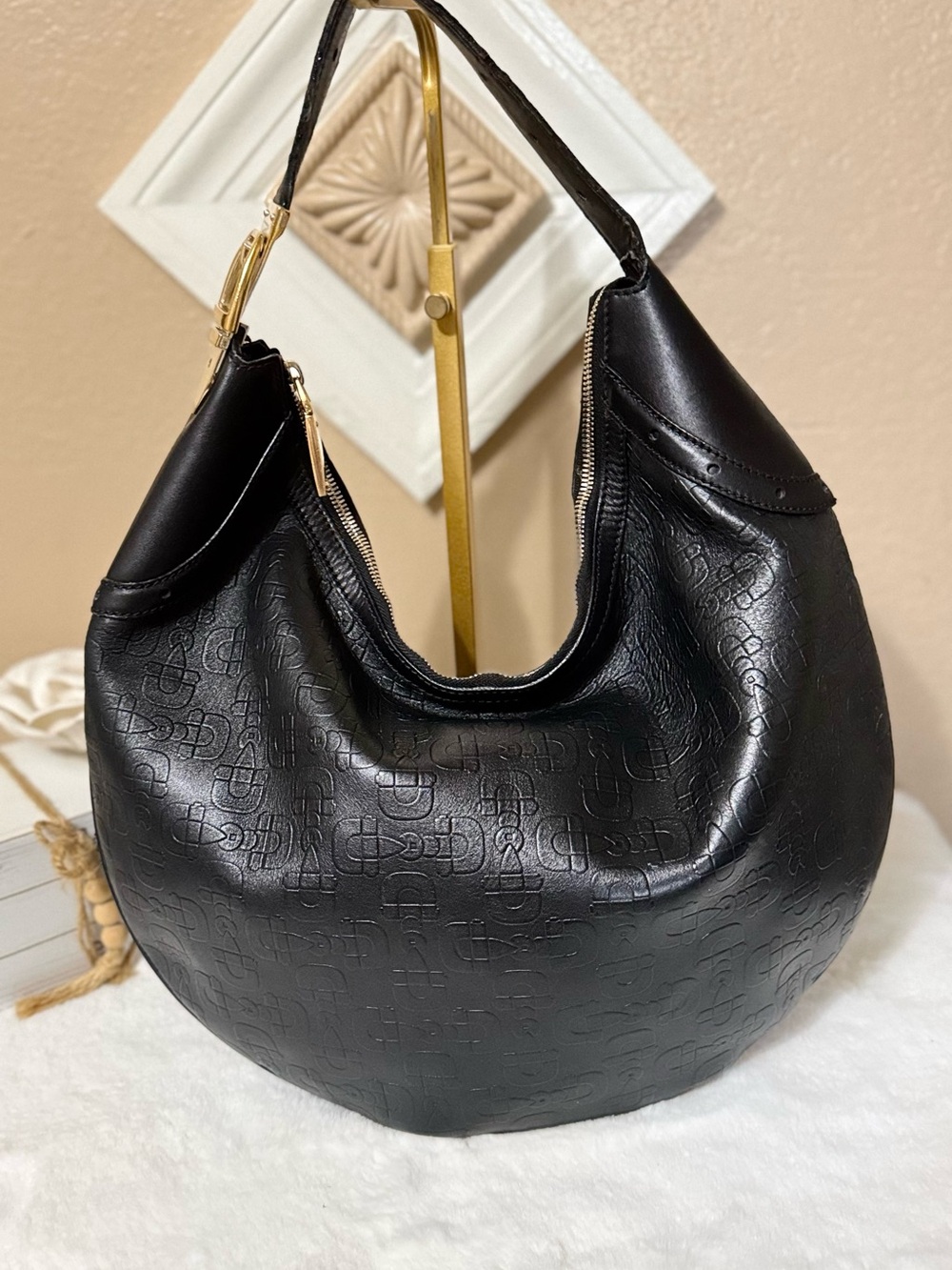 Gucci Black Embossed Leather Hobo with Gold-Tone Hardware